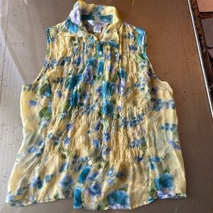 Allison Taylor Yellow and Blue Sleeveless Blouse with Mandarin Collar